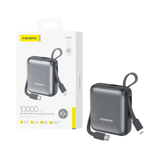 Foneng Power Bank PX115 with 2-in-1 Cable Lightning+Type-C 10000mAh Dark Gray